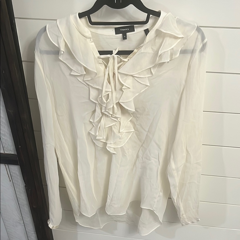 Theory Cream Ruffled Bib Collar Blouse